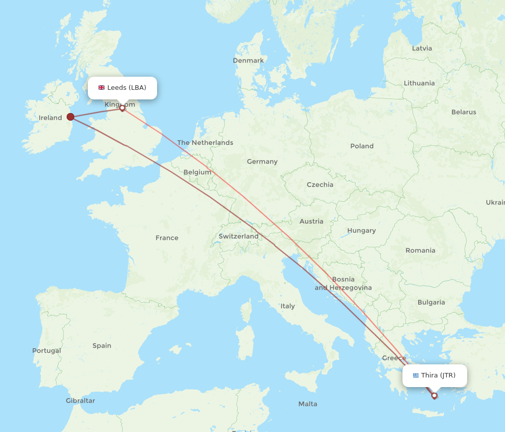 LBA to JTR flights and routes map