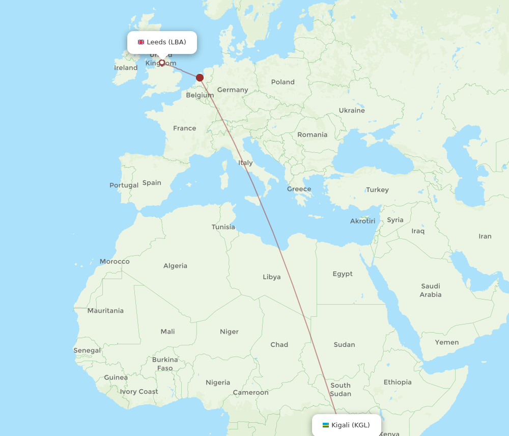 Kigali - Leeds route map and flight paths