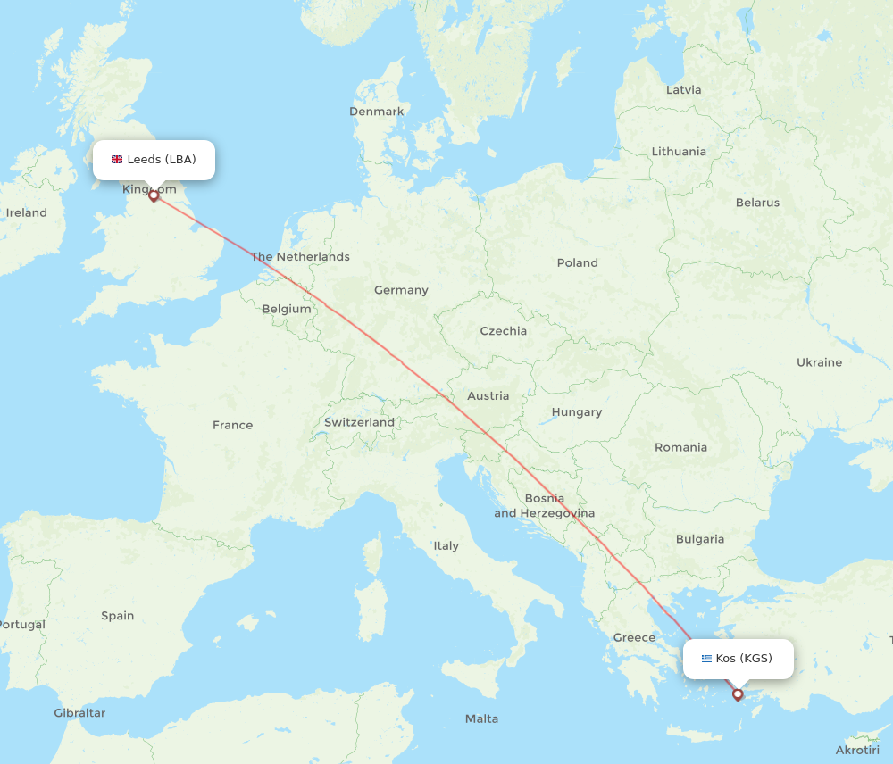 LBA to KGS flights and routes map