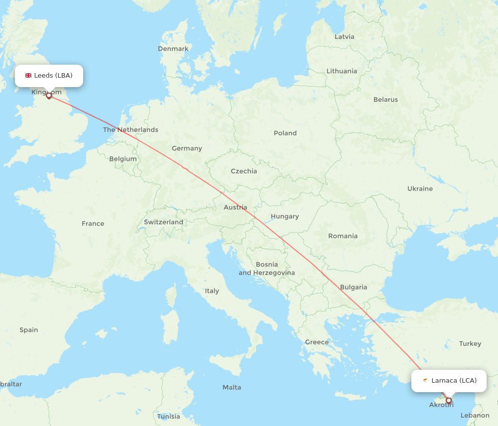 LBA to LCA flights and routes map