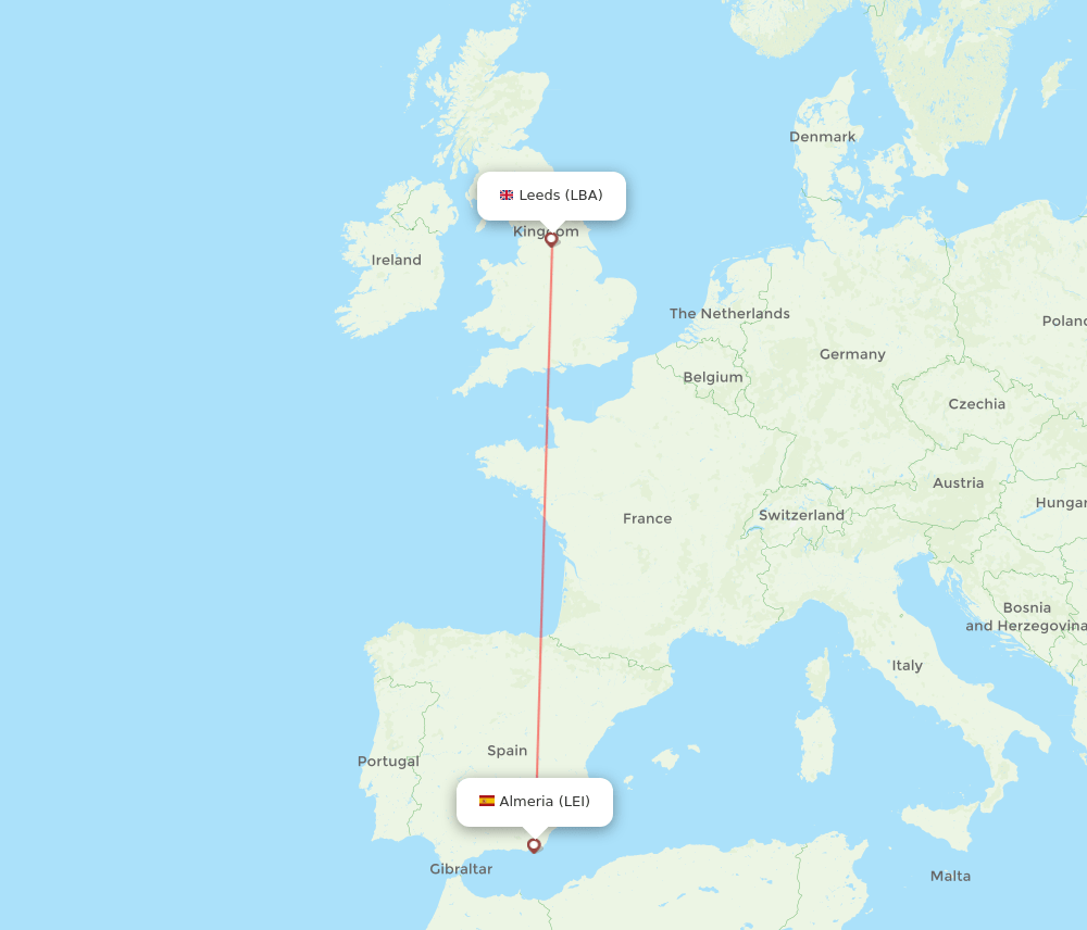 Leeds - Almeria route map and flight paths