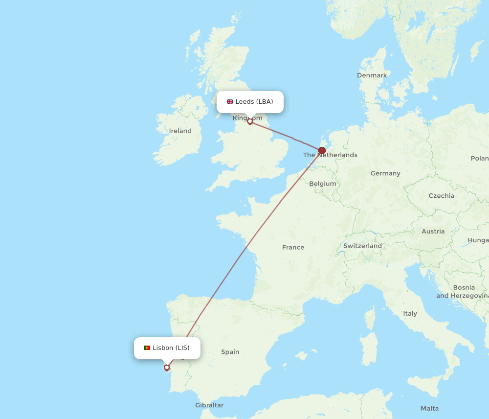 LBA to LIS flights and routes map