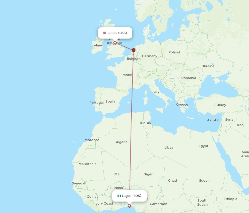 LBA to LOS flights and routes map