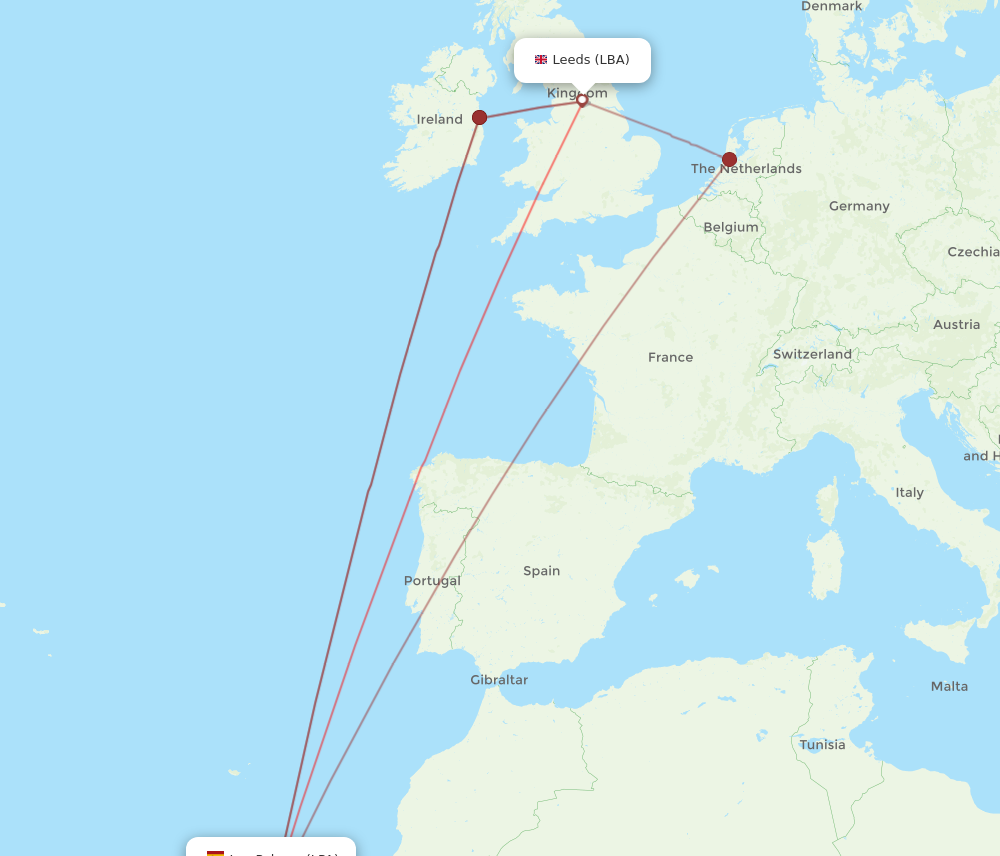 LBA to LPA flights and routes map