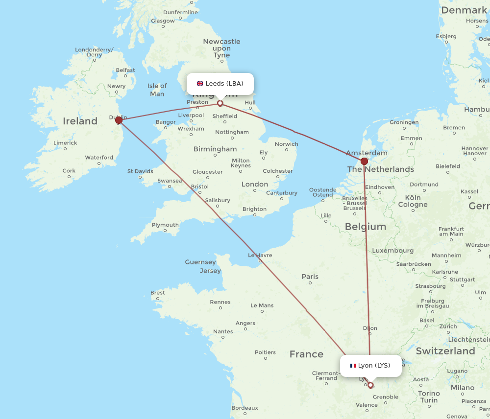 LBA to LYS flights and routes map