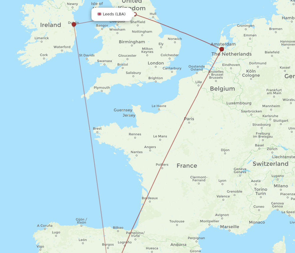 LBA to MAD flights and routes map