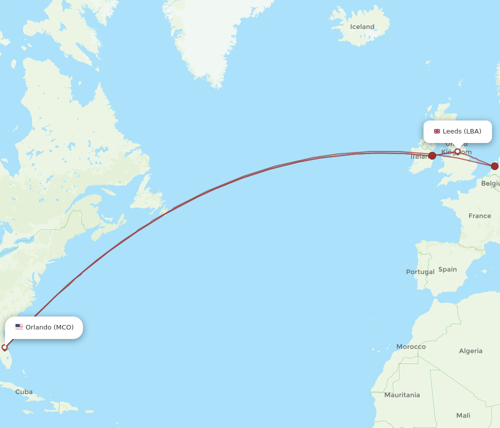 LBA to MCO flights and routes map