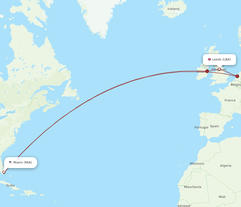 LBA to MIA flights and routes map