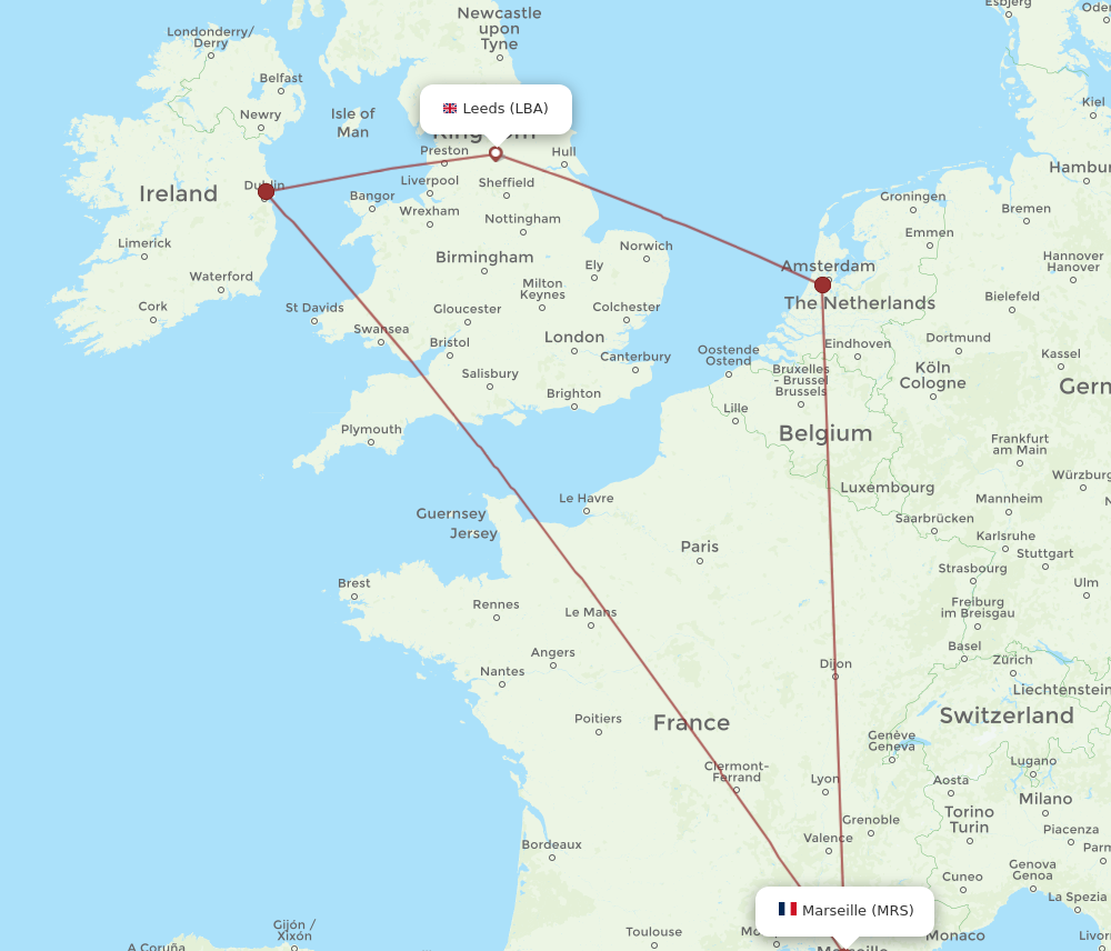 LBA to MRS flights and routes map