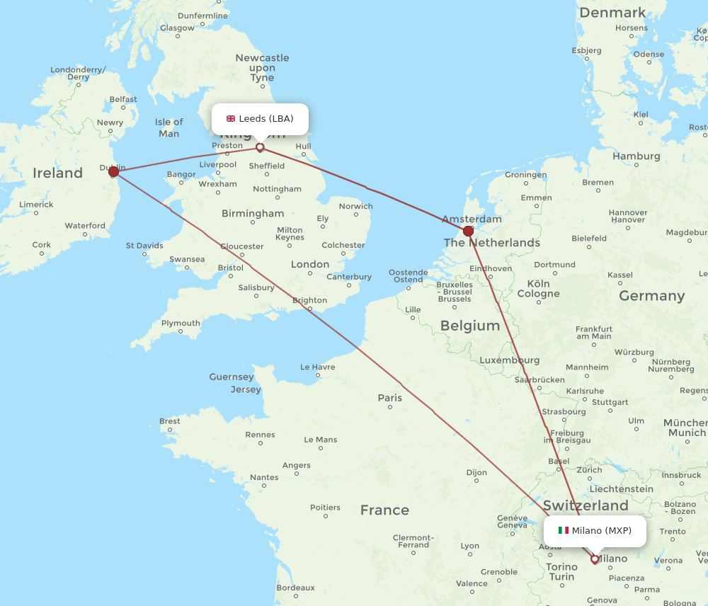 Leeds - Milan route map and flight paths