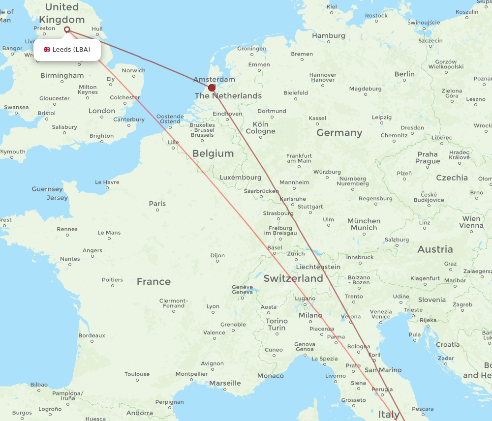 LBA to NAP flights and routes map