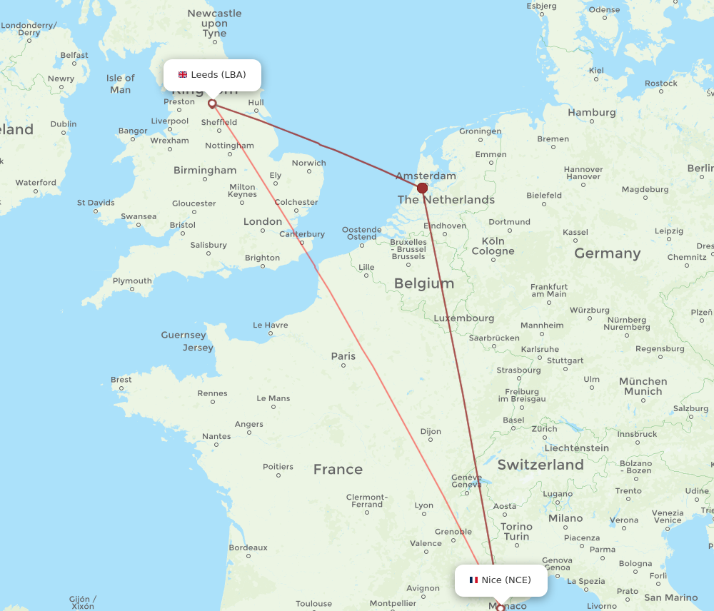 LBA to NCE flights and routes map