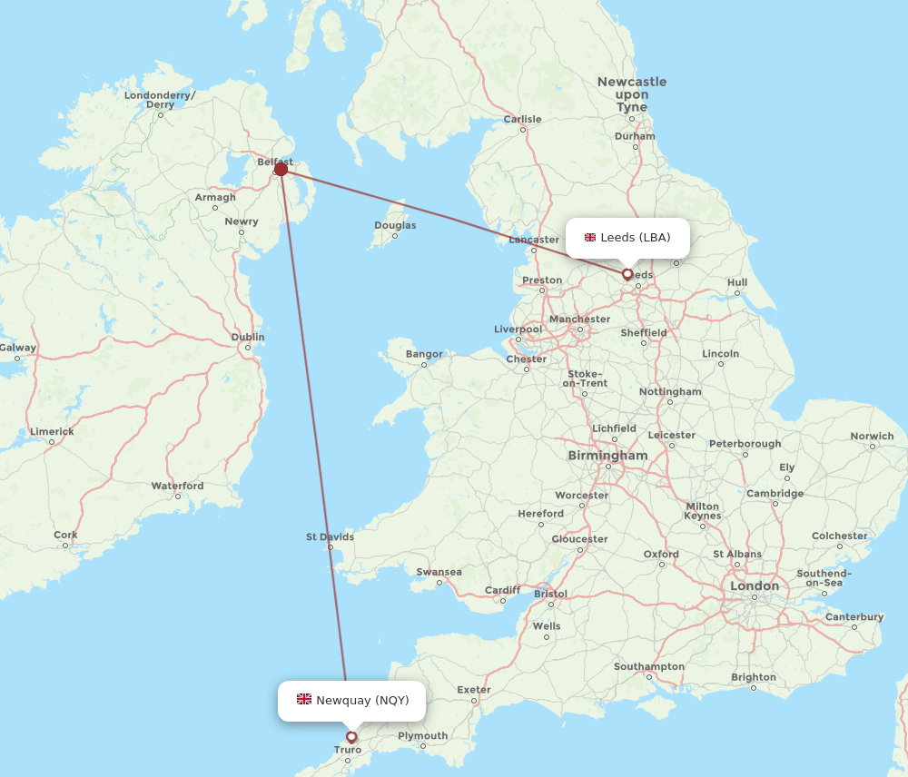 LBA to NQY flights and routes map