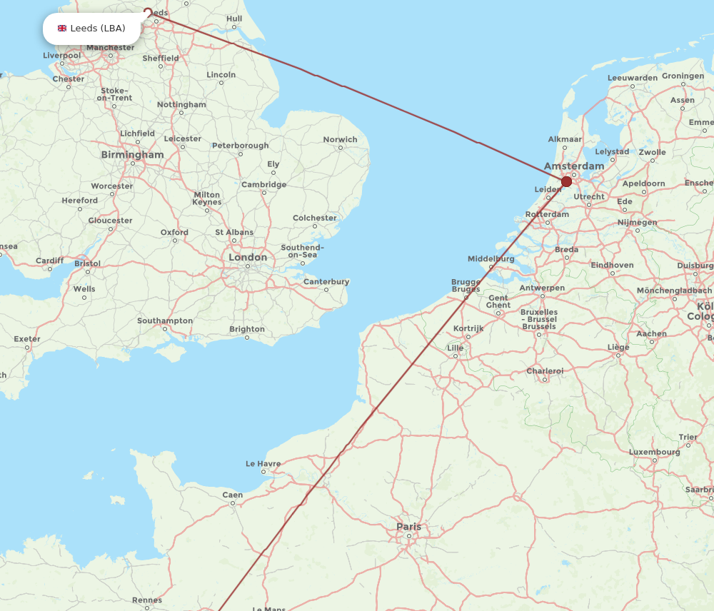 LBA to NTE flights and routes map