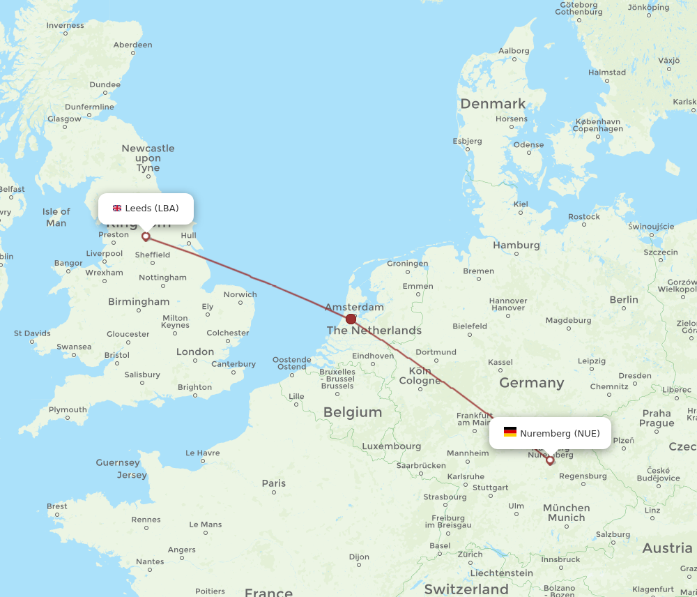 LBA to NUE flights and routes map