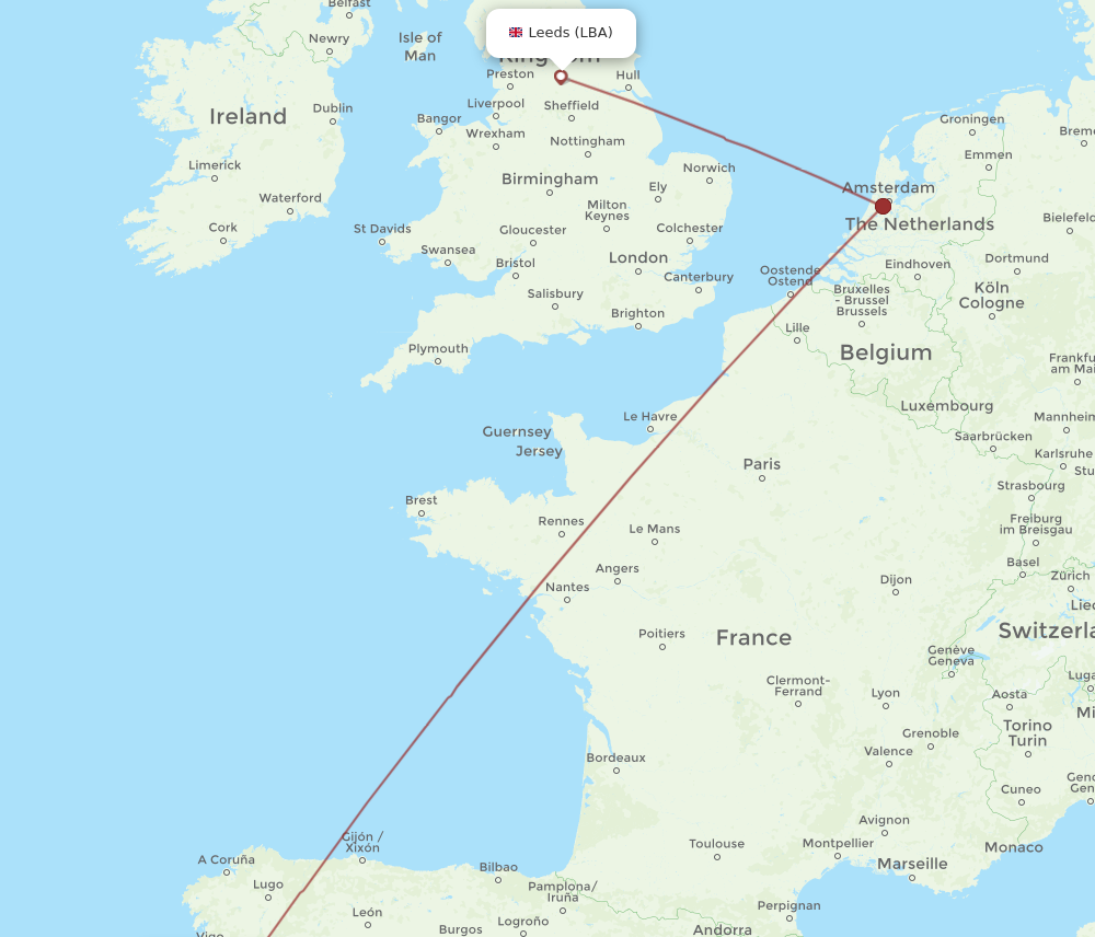 LBA to OPO flights and routes map