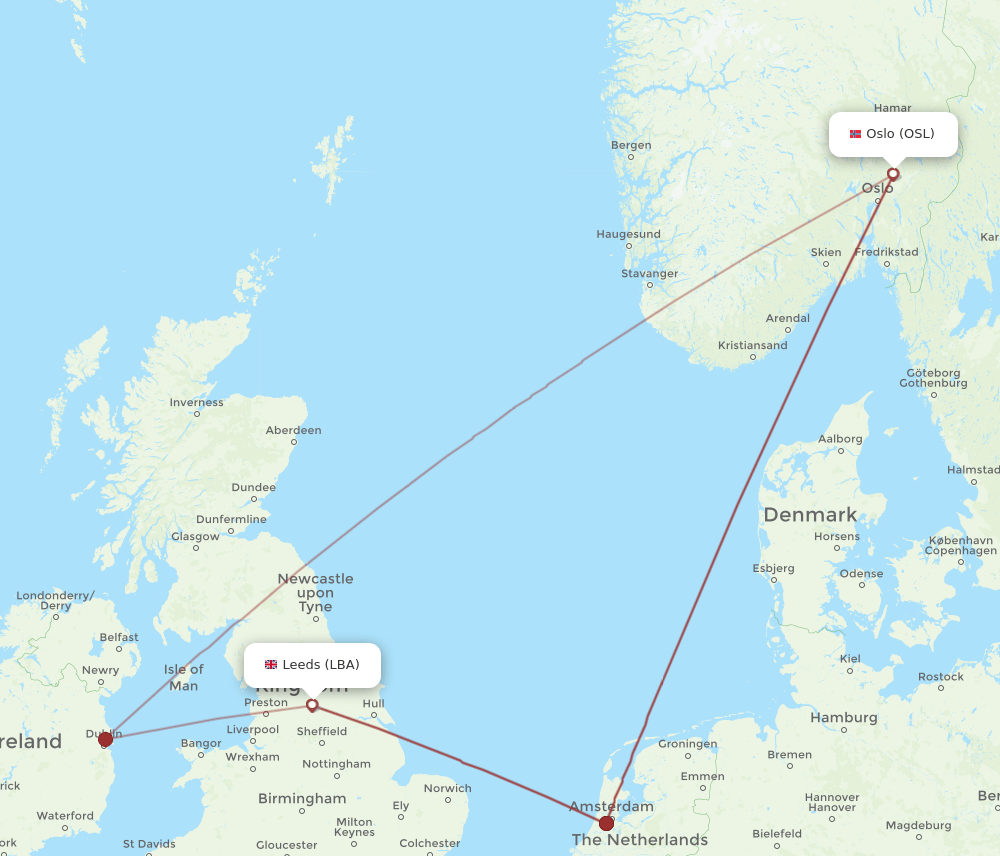 LBA to OSL flights and routes map