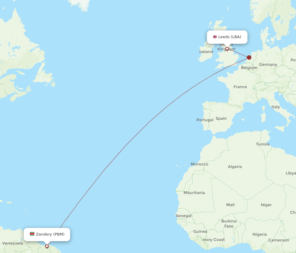 LBA to PBM flights and routes map