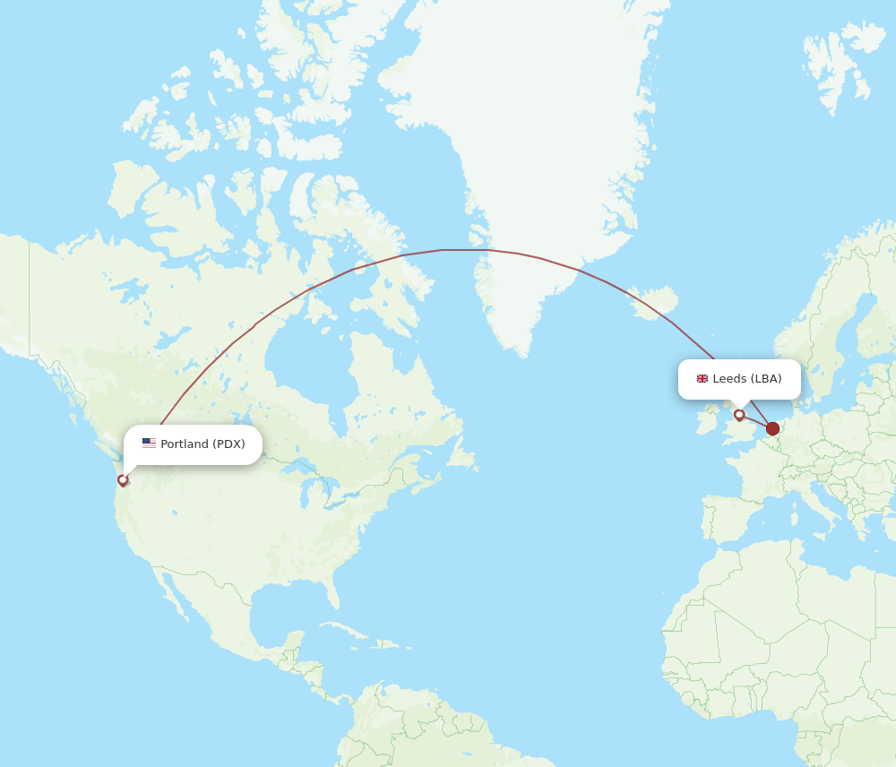 Portland - Leeds route map and flight paths