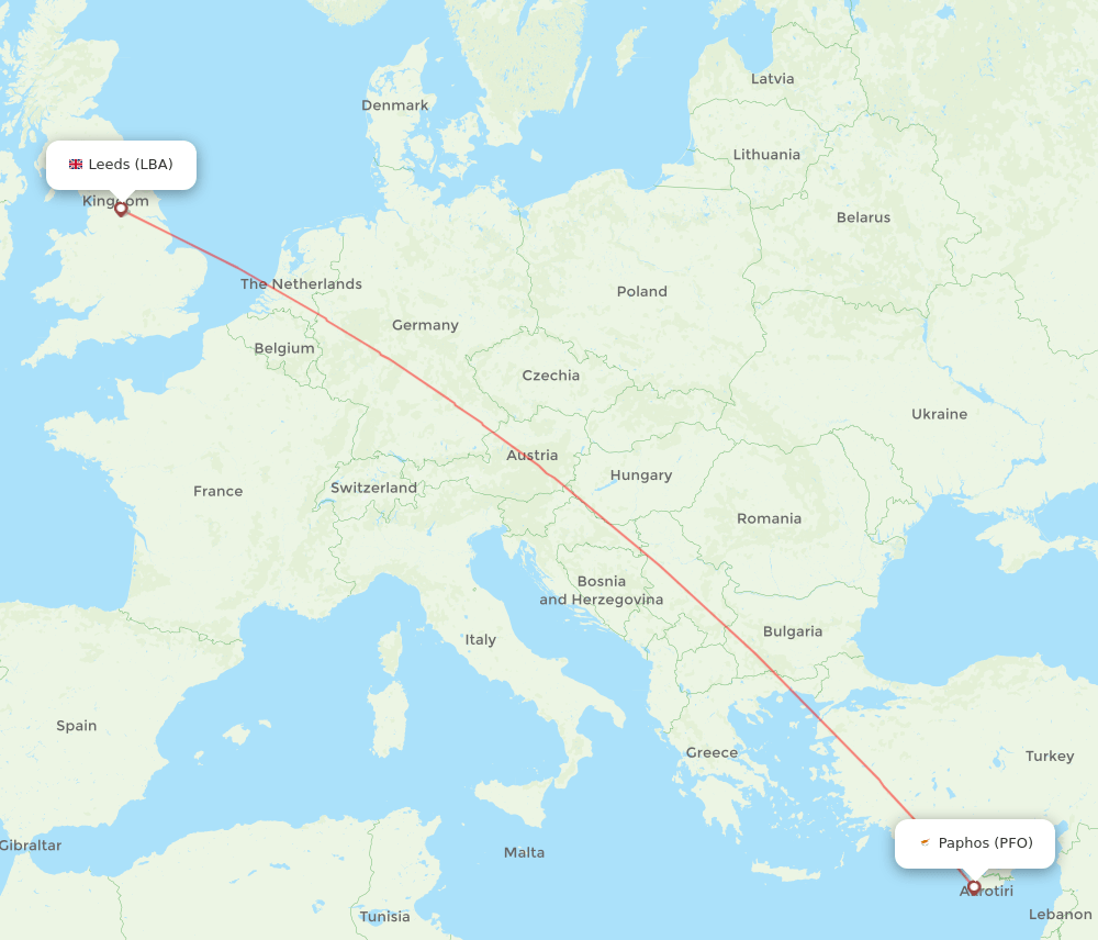 Leeds - Paphos route map and flight paths