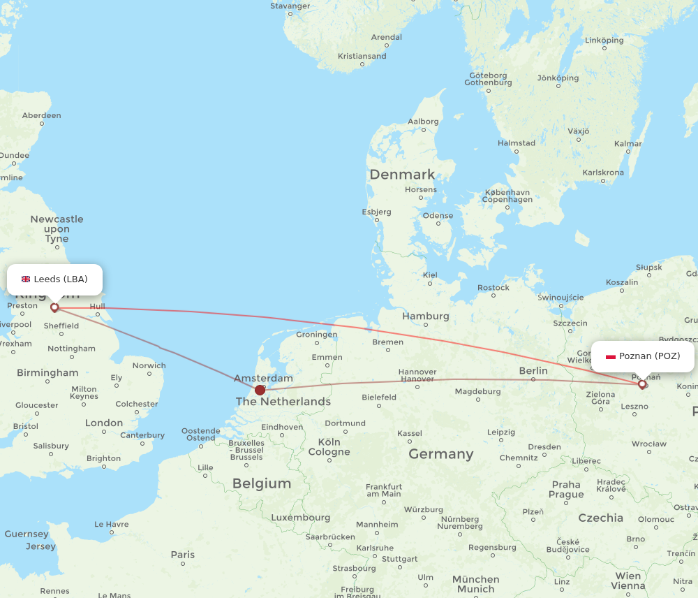 LBA to POZ flights and routes map