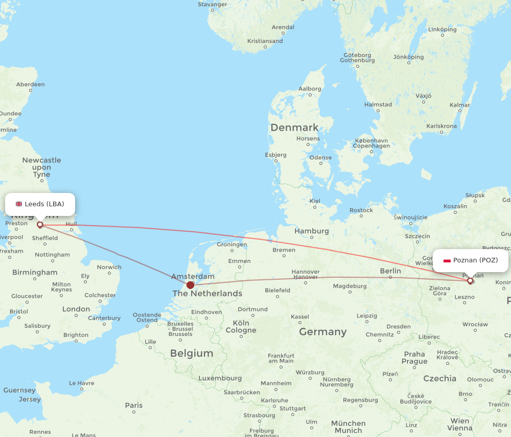 LBA to POZ flights and routes map