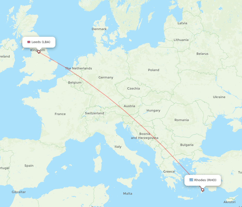 Leeds - Rhodes route map and flight paths