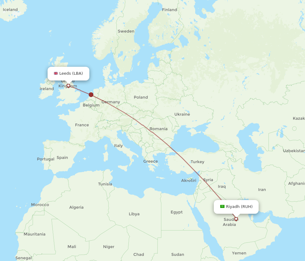 LBA to RUH flights and routes map