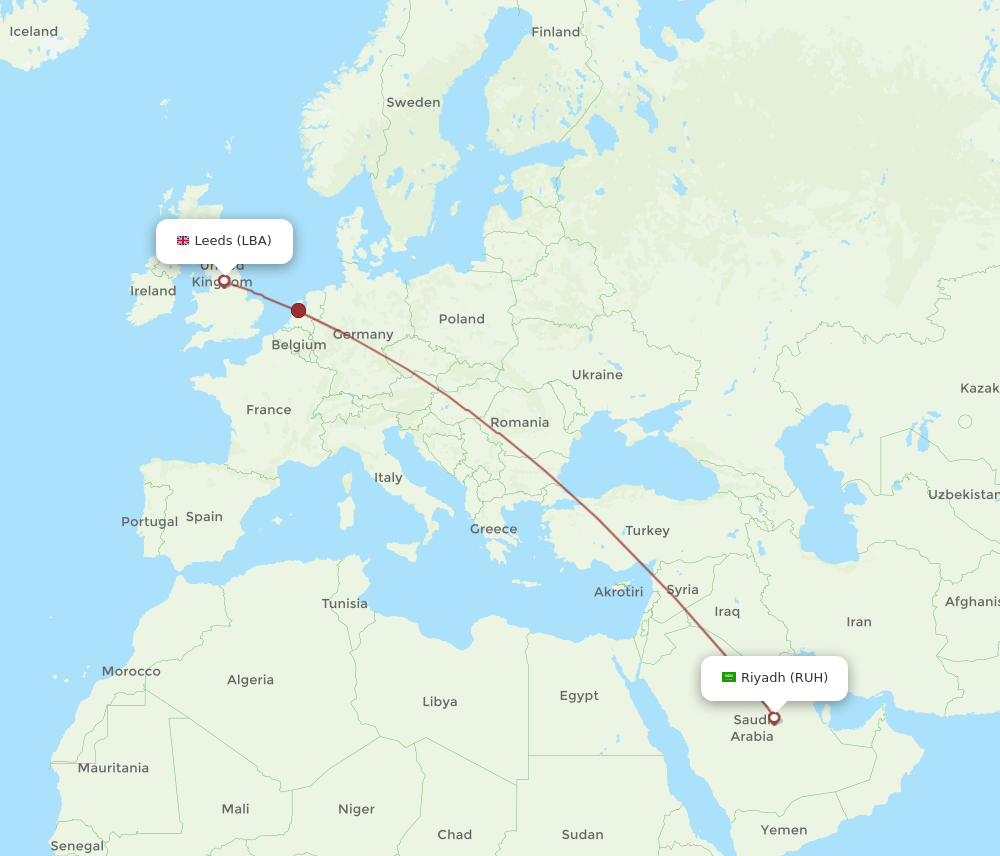 Riyadh - Leeds route map and flight paths