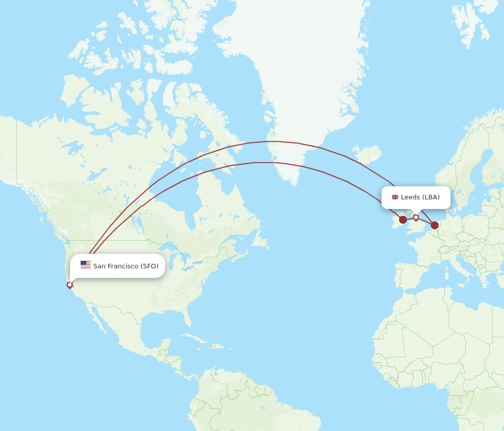 LBA to SFO flights and routes map