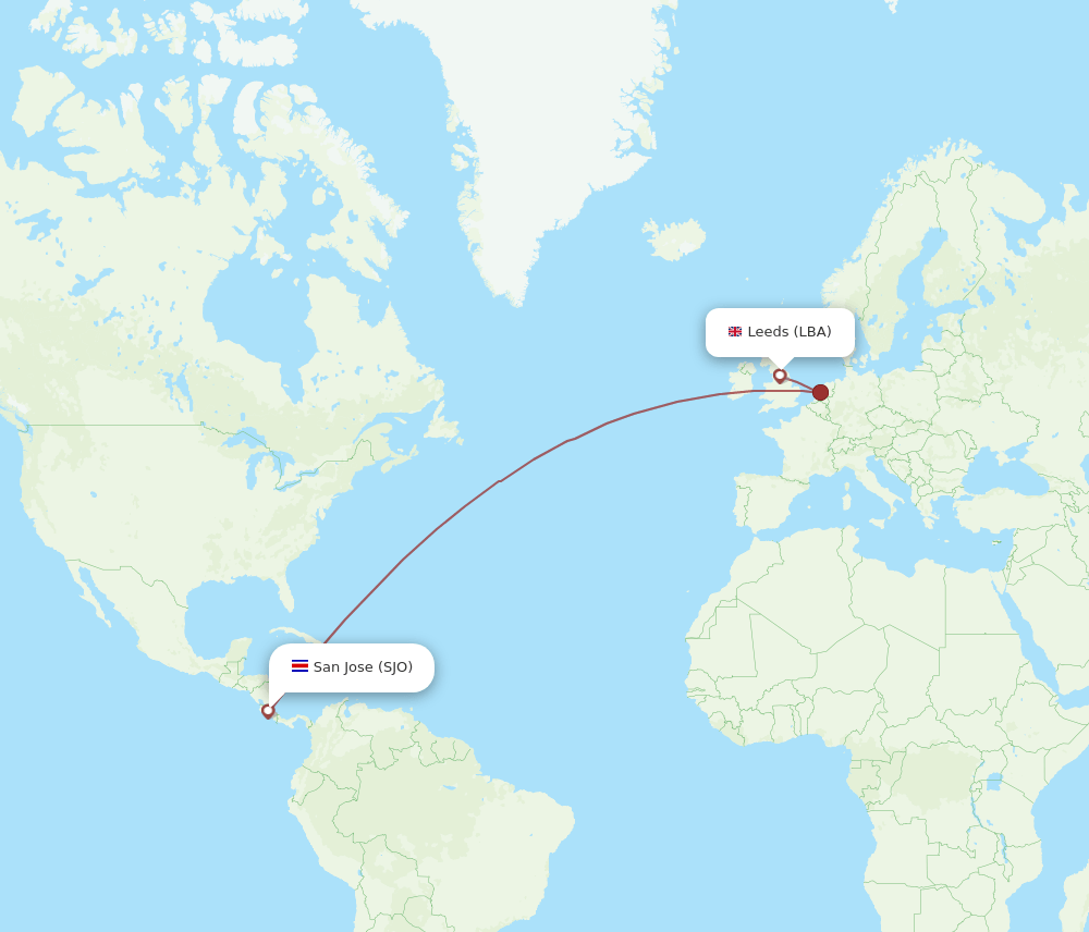 San Jose - Leeds route map and flight paths