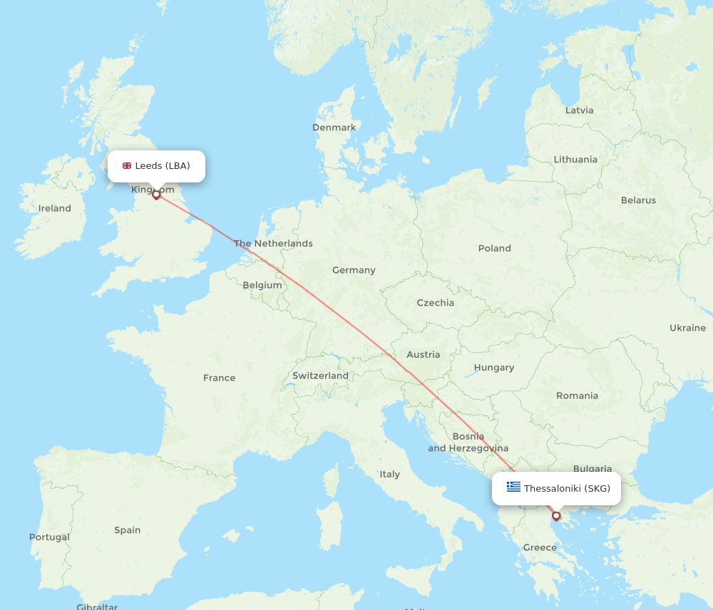 LBA to SKG flights and routes map