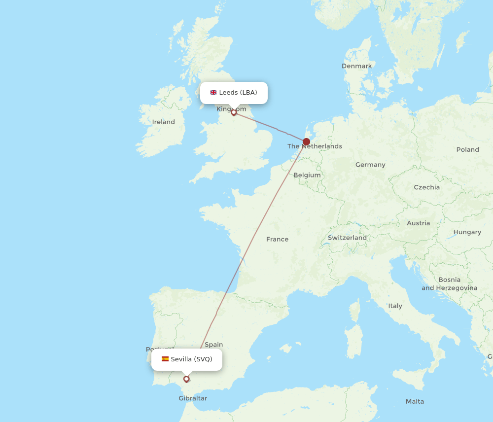 LBA to SVQ flights and routes map