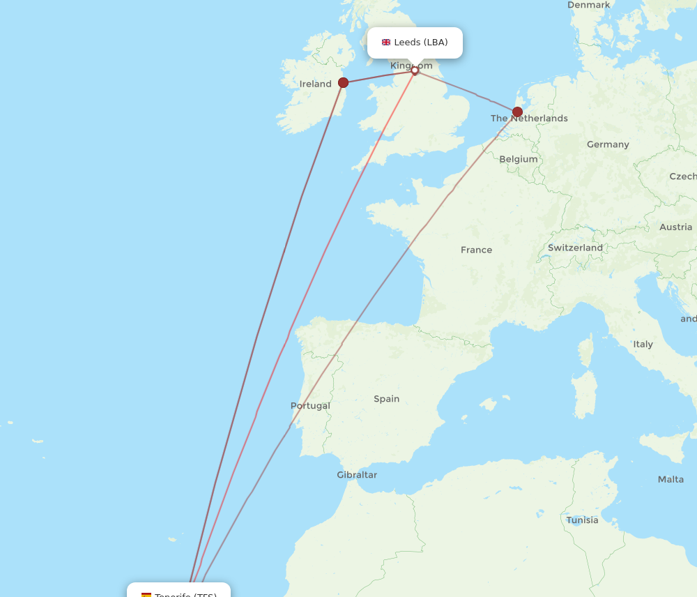 LBA to TFS flights and routes map