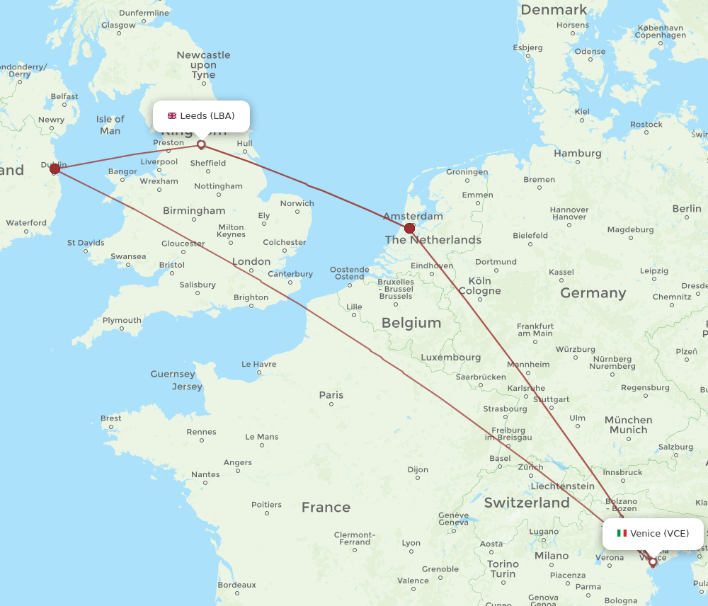 LBA to VCE flights and routes map