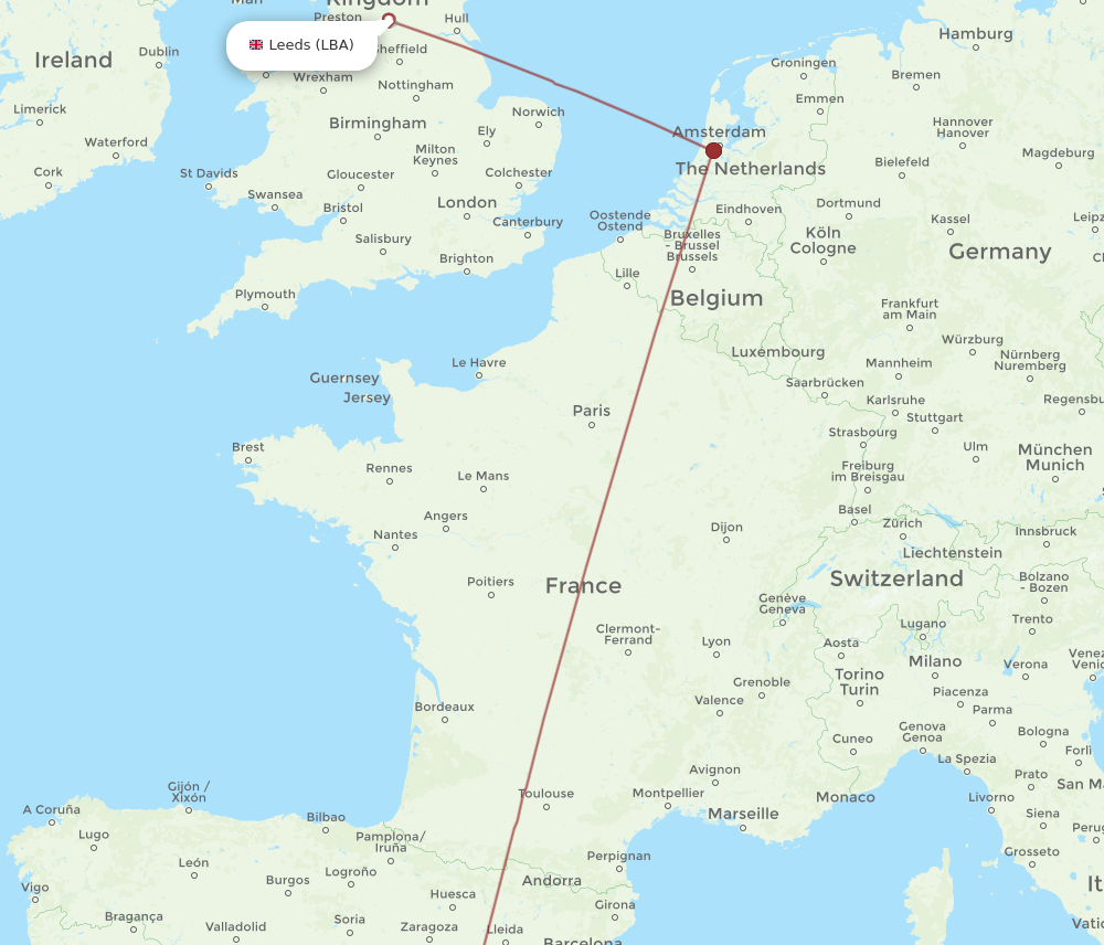 LBA to VLC flights and routes map