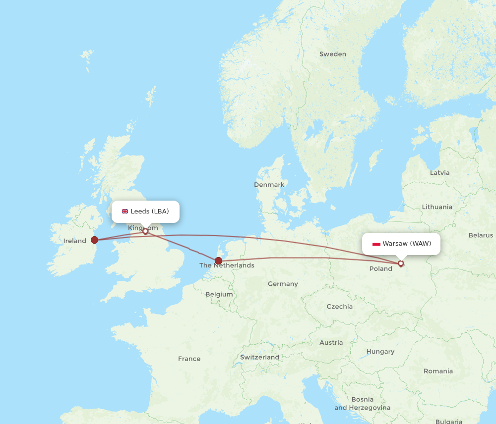 LBA to WAW flights and routes map