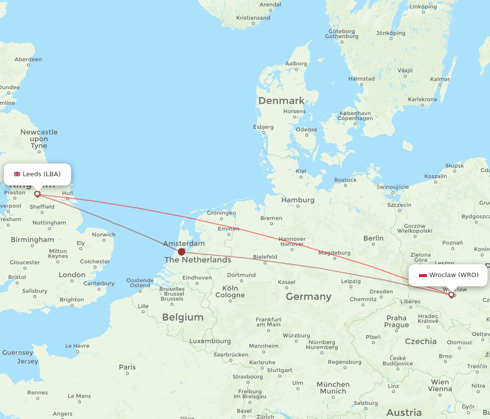 LBA to WRO flights and routes map