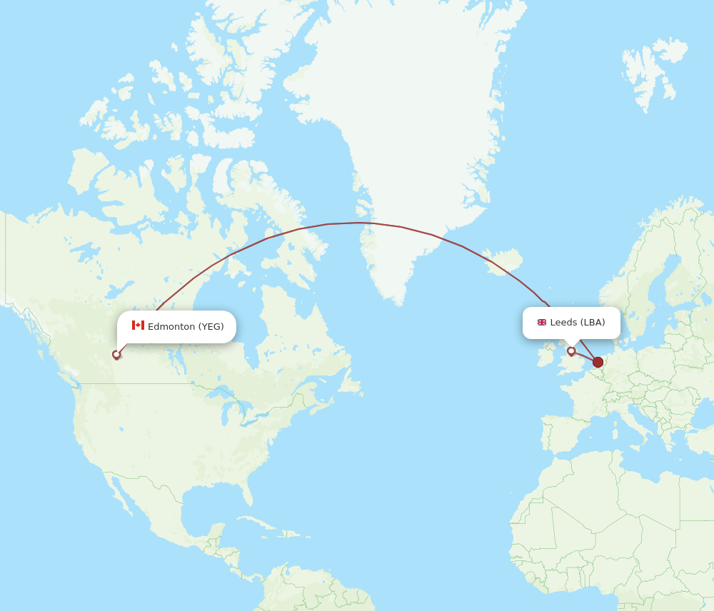 LBA to YEG flights and routes map
