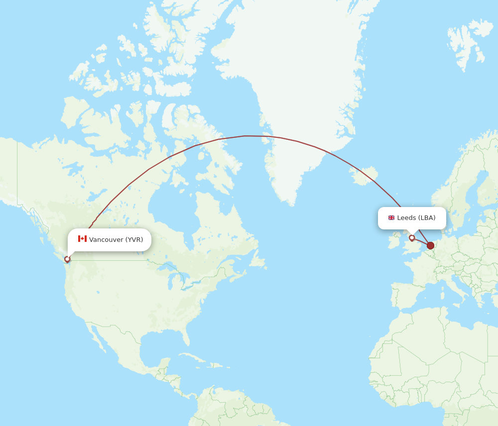 LBA to YVR flights and routes map