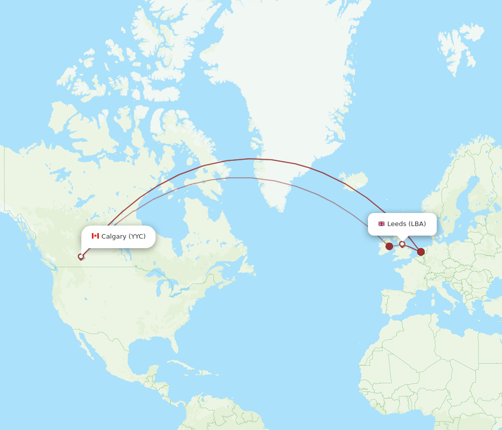LBA to YYC flights and routes map