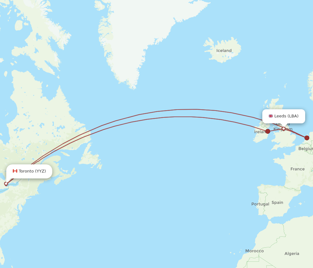 YYZ to LBA flights and routes map