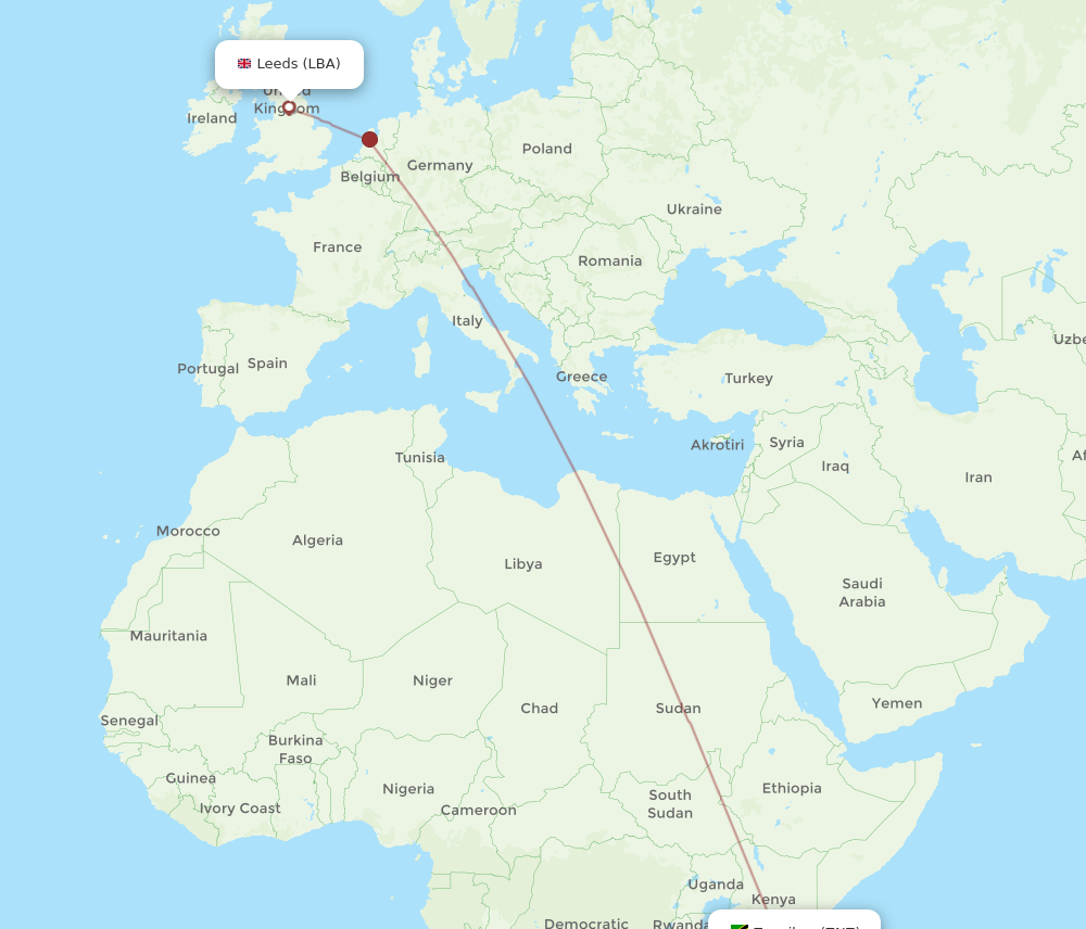 Zanzibar - Leeds route map and flight paths