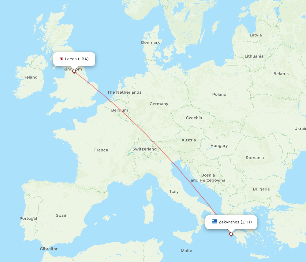 LBA to ZTH flights and routes map