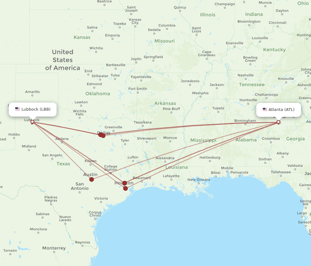 LBB to ATL flights and routes map
