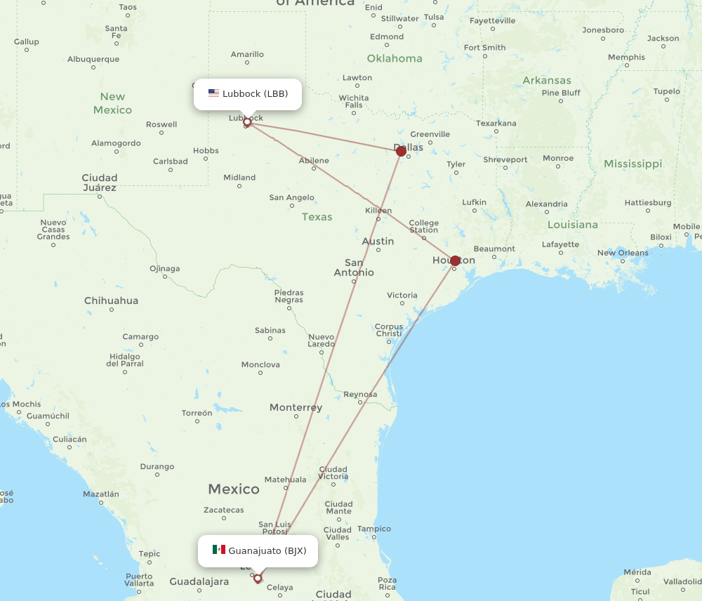LBB to BJX flights and routes map