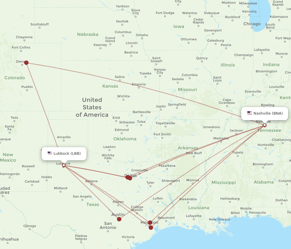 LBB-BNA flight routes