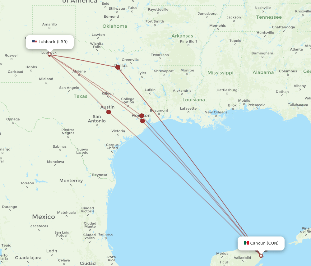 LBB-CUN flight routes
