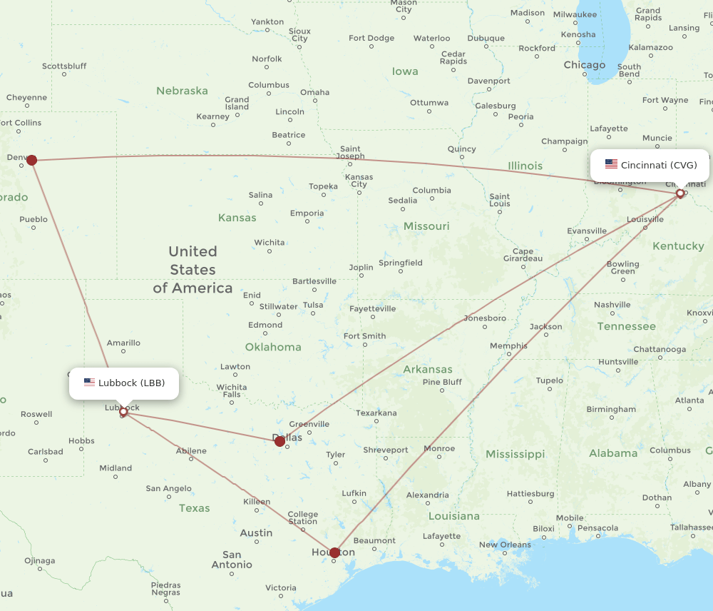 LBB-CVG flight routes