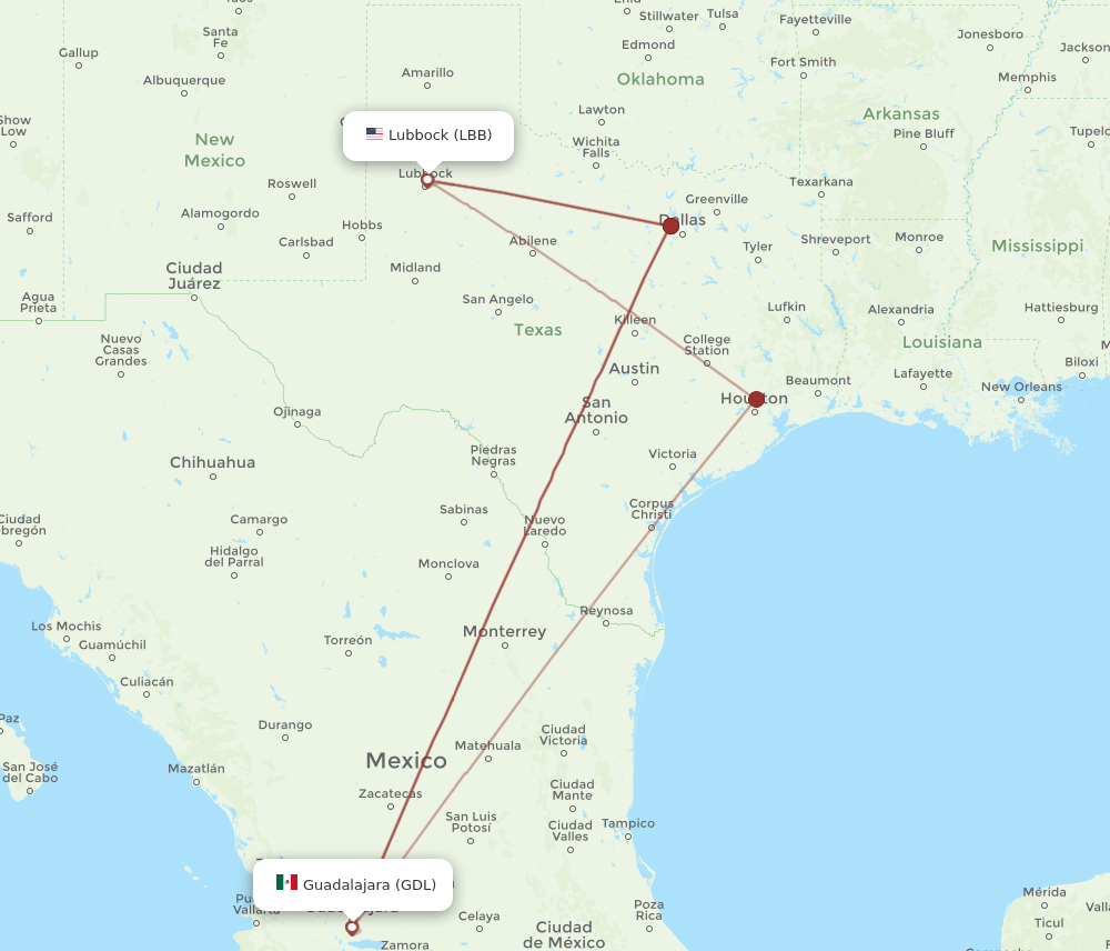 LBB-GDL flight routes
